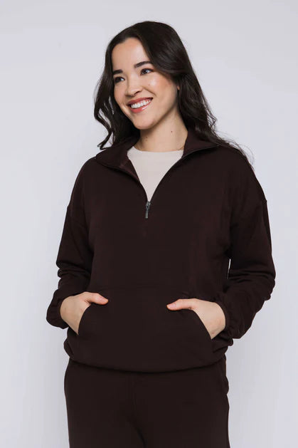 ORB Everly-Luxe Fleece 1/2 Zip Mock Neck - Brown