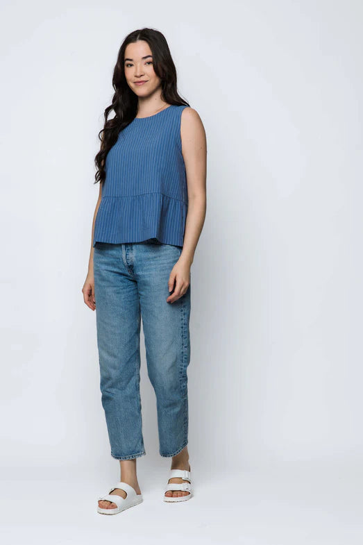 Orb Poppy Peplum Top - Blue Pinstripe
