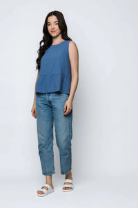 Orb Poppy Peplum Top - Blue Pinstripe