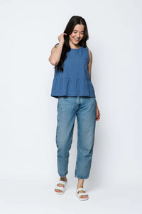 Orb Poppy Peplum Top - Blue Pinstripe