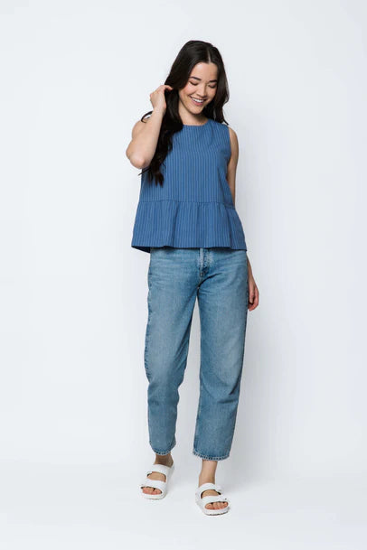 Orb Poppy Peplum Top - Blue Pinstripe