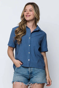 Orb Nina Short Sleeve Button Up - Blue Pinstripe