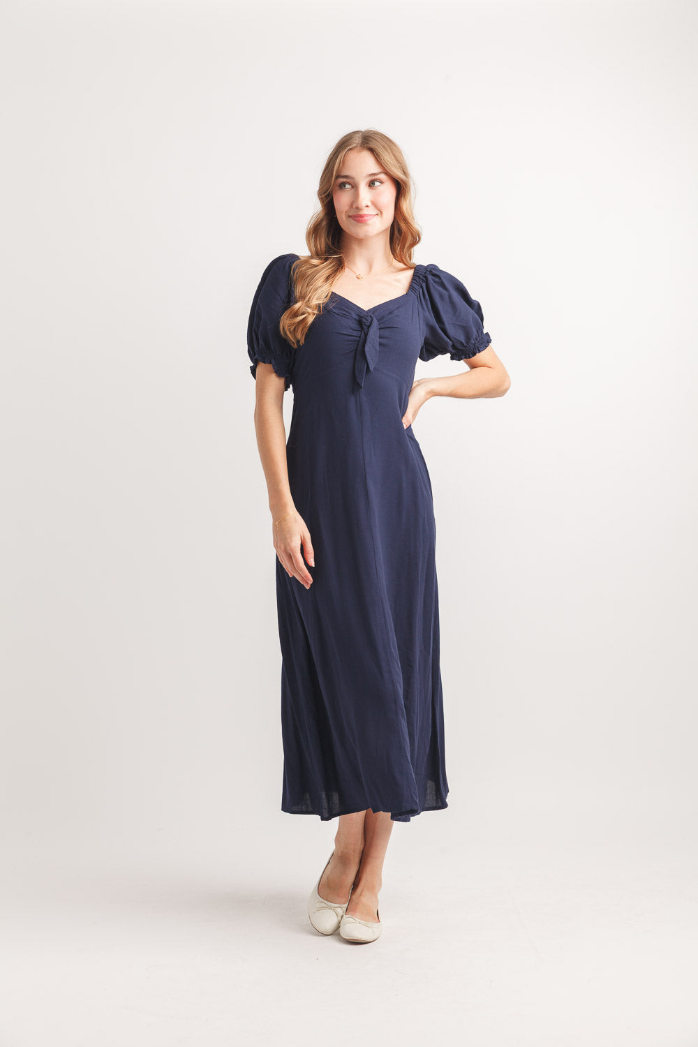 Papillon V Neck Midi Dress With Pocket - Navy