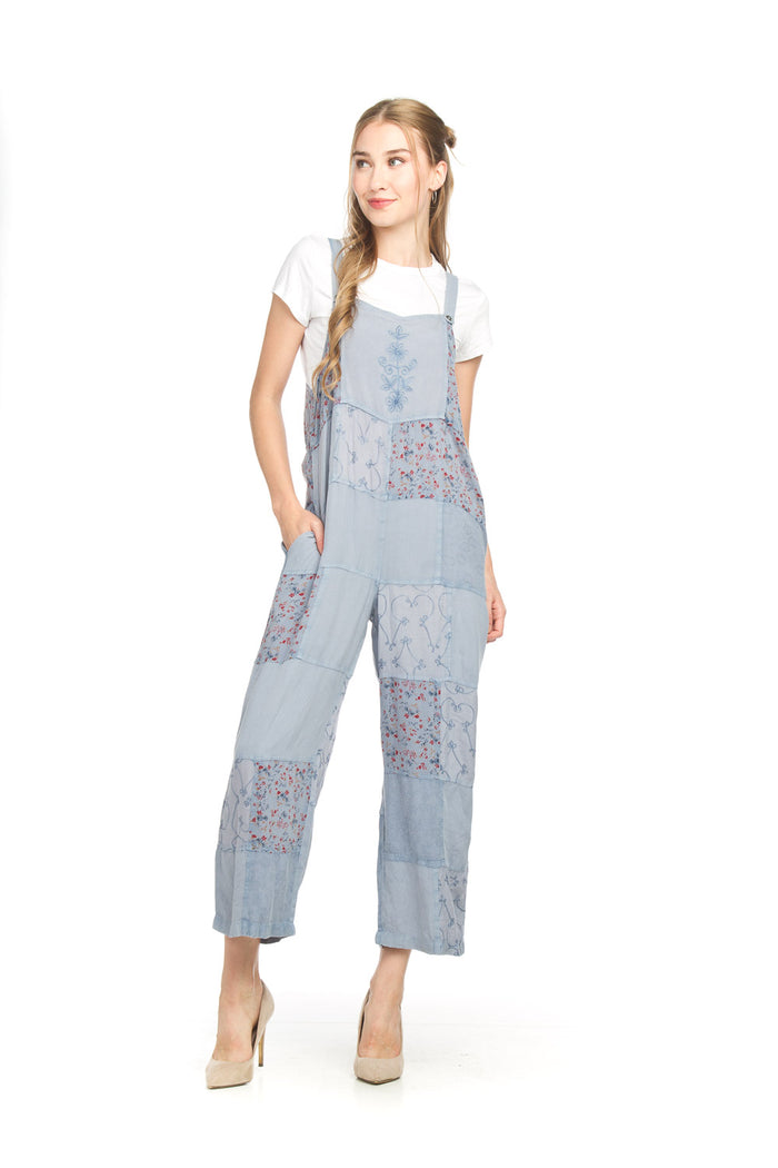 Papillon Embroidered Patchwork Overall-Blue