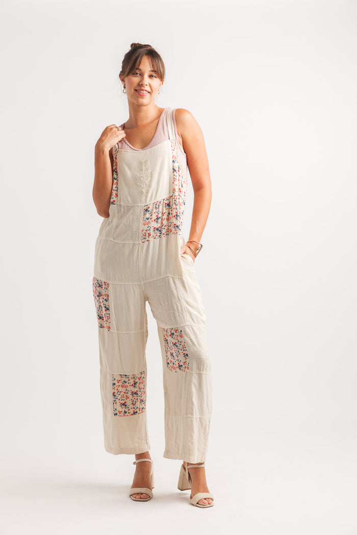 Papillon Embroidered Patchwork Overalls - Cream