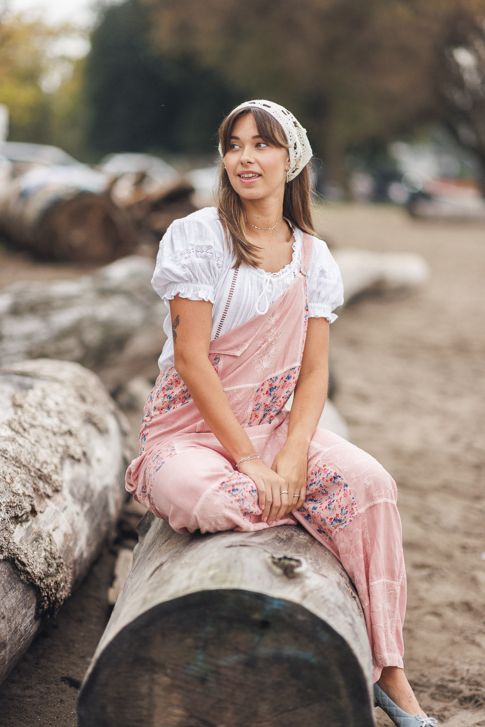 Papillon Embroidered Patchwork Overalls - Blush