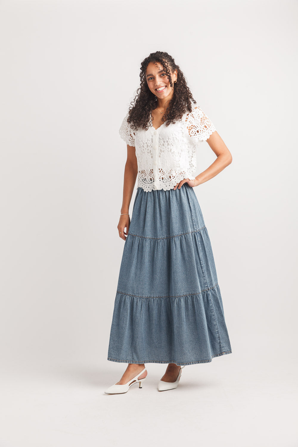Papillon Tiered Denim Maxi Skirt