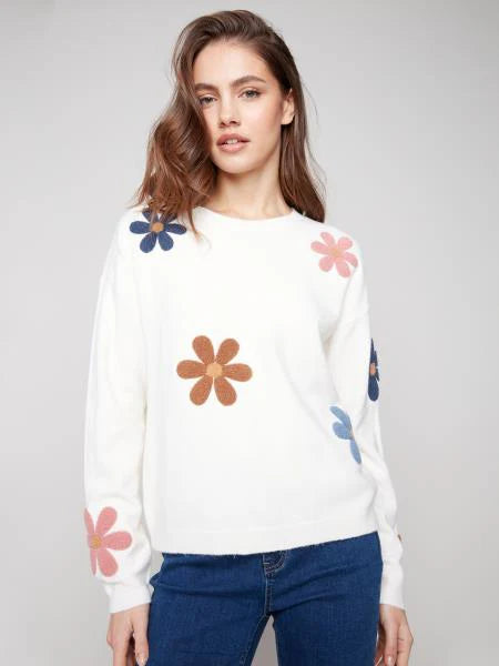 Charlie B Plush Sweater with Boucle Flowers