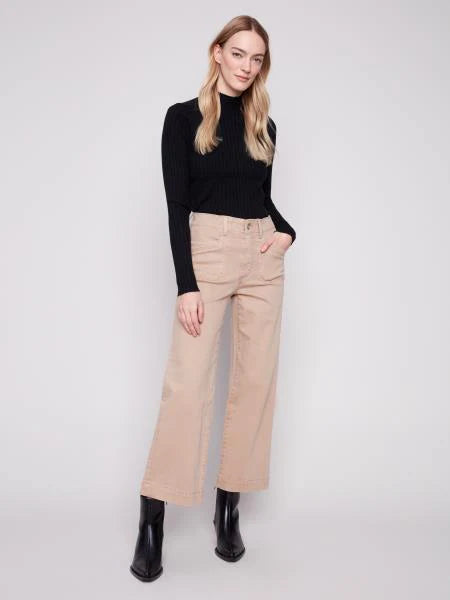 Cropped Wide Leg Twill Pants W/Rectangular Patch Pockets-Sesame