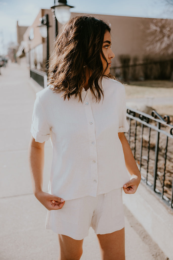 Orb Nina Roll Cuff Short Sleeve Shirt-Sand