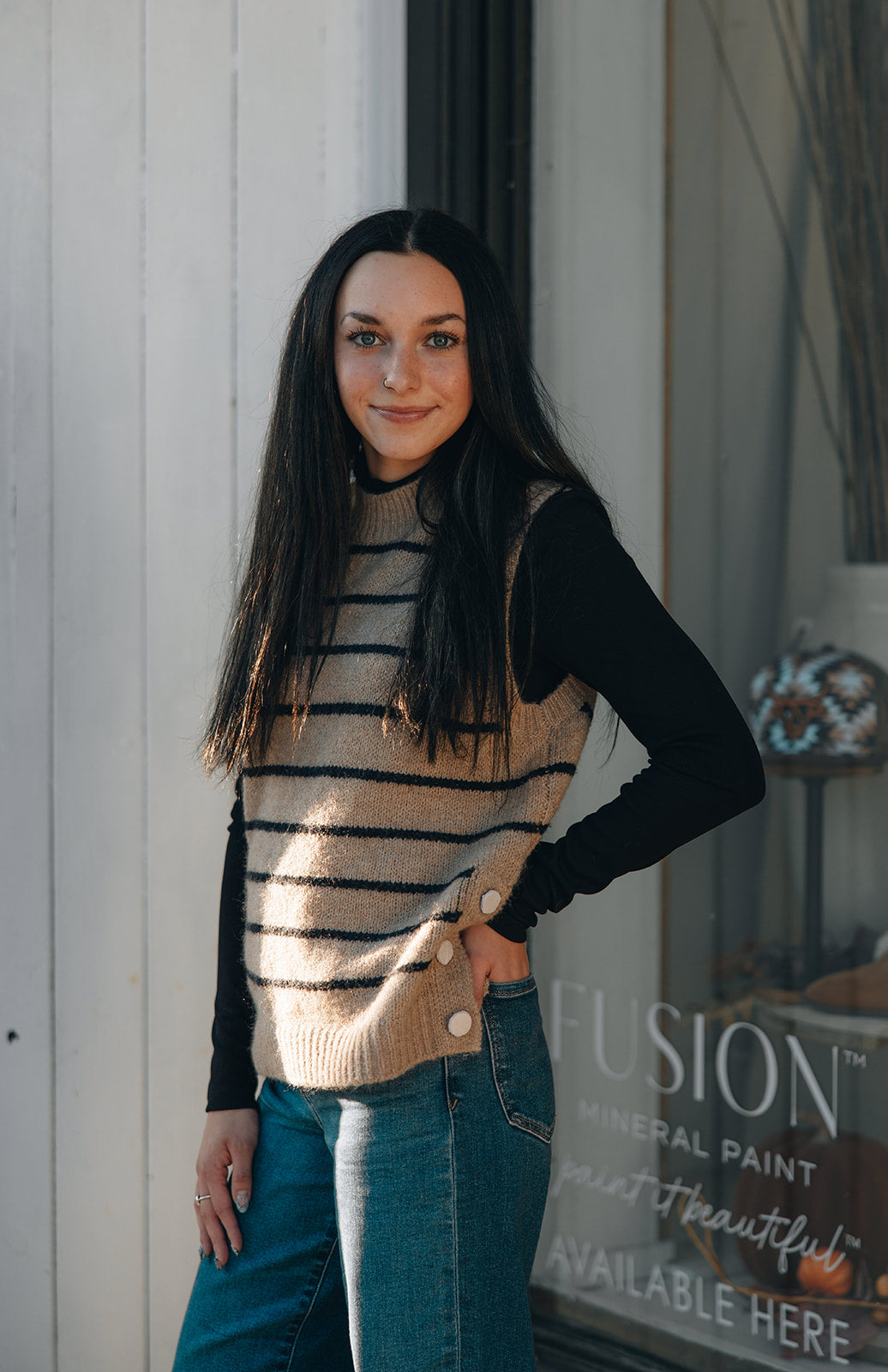 Striped Sleeveless Sweater Vest- Heather Camel