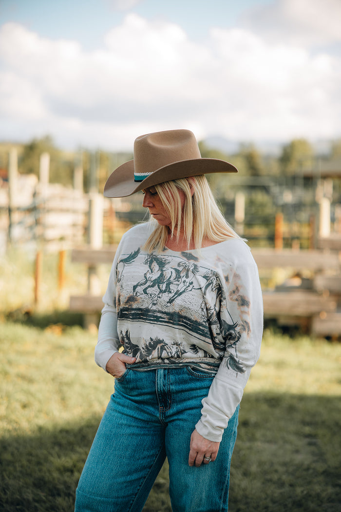 Aztec Horse print back lace up top: Khaki