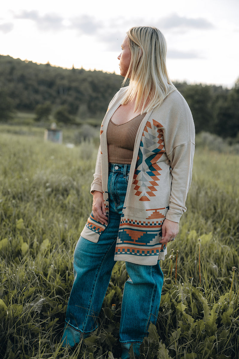 Aztec Print Knit Cardigan: Khaki