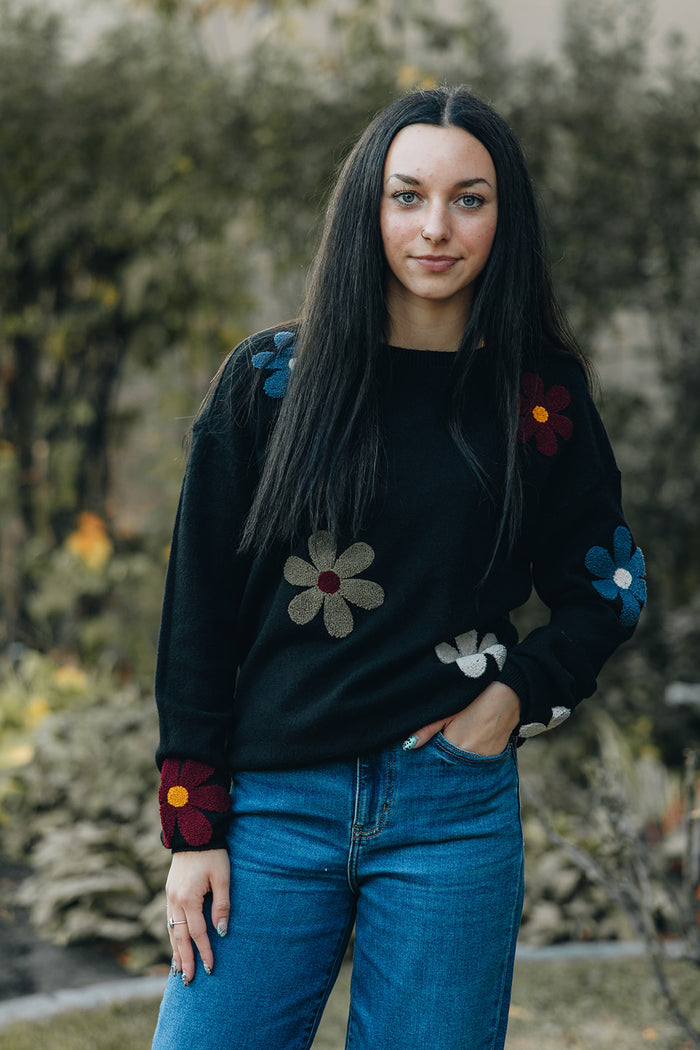 Charlie B - Plush Sweater with Boucle Flowers