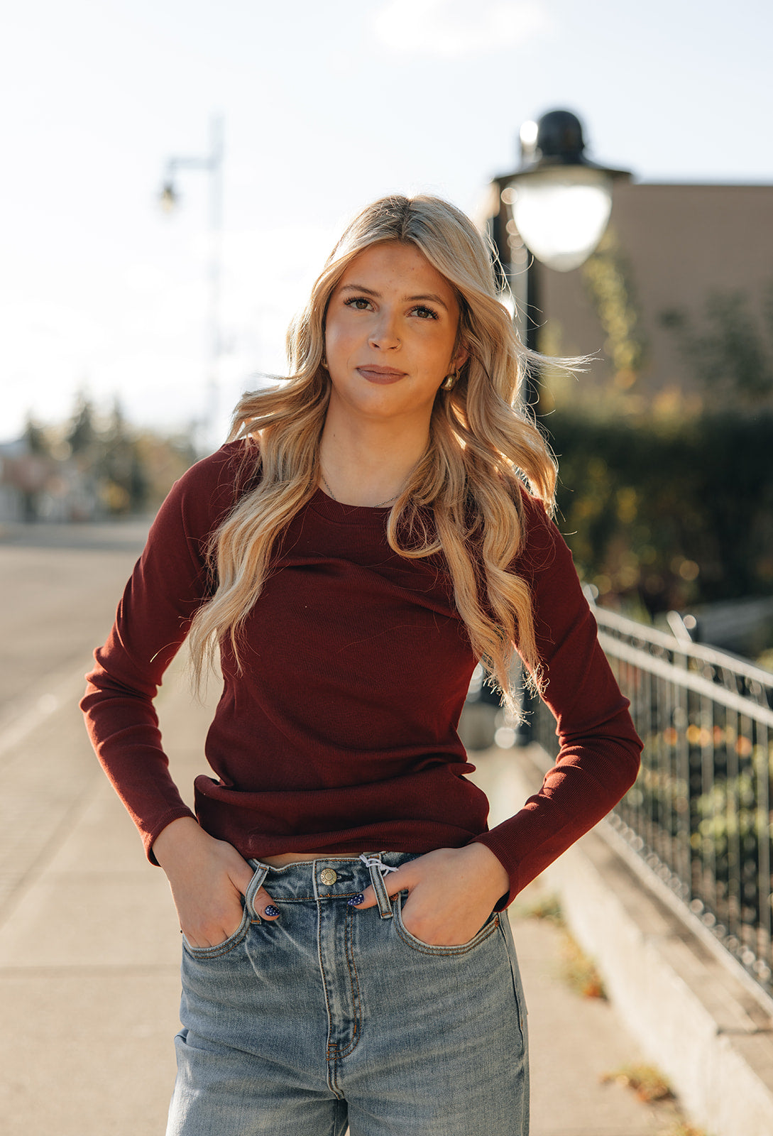 Brunette the Label Ribbed Fitted Long Sleeve-Burgundy