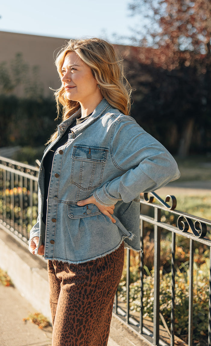 Mystree Washed Denim Peplum Jacket