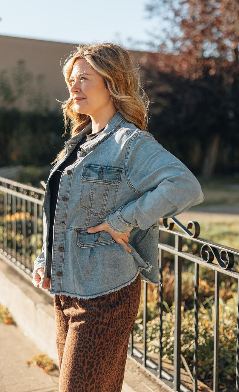 Mystree Washed Denim Peplum Jacket