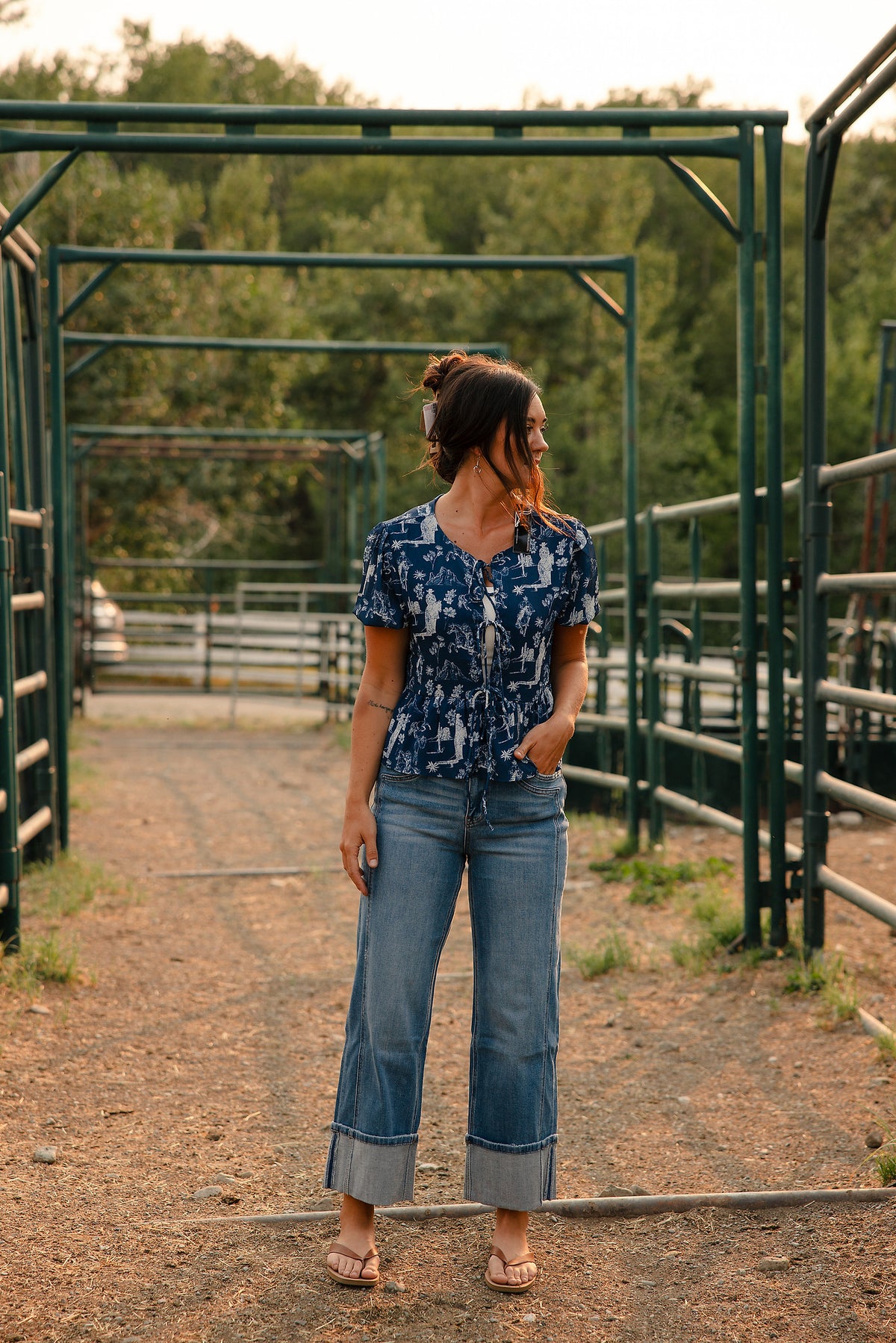 Cowboy Print Tie Front Top