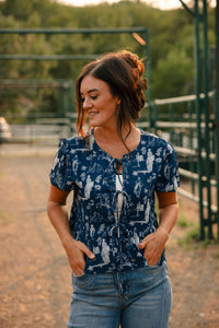 Cowboy Print Tie Front Top