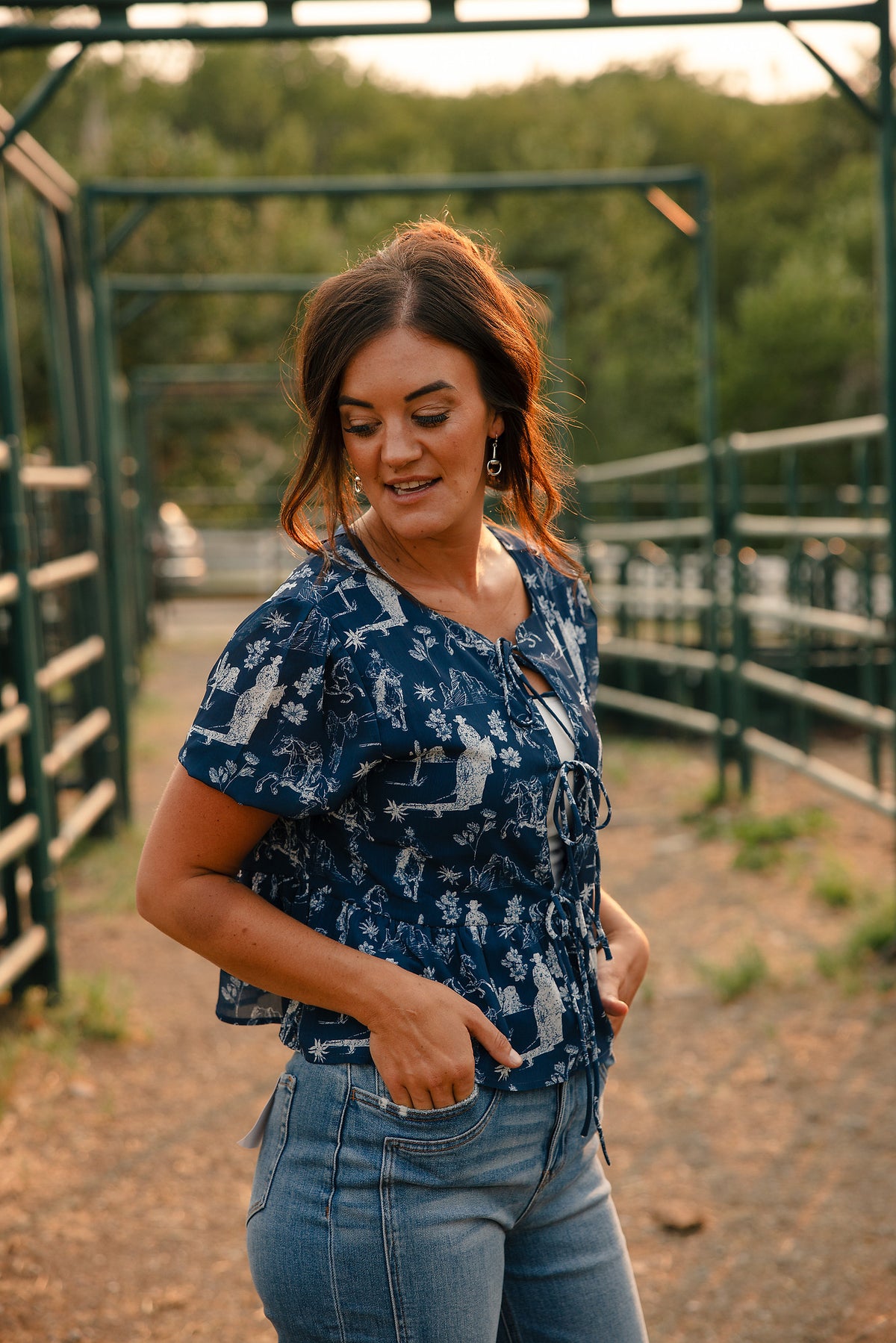 Cowboy Print Tie Front Top