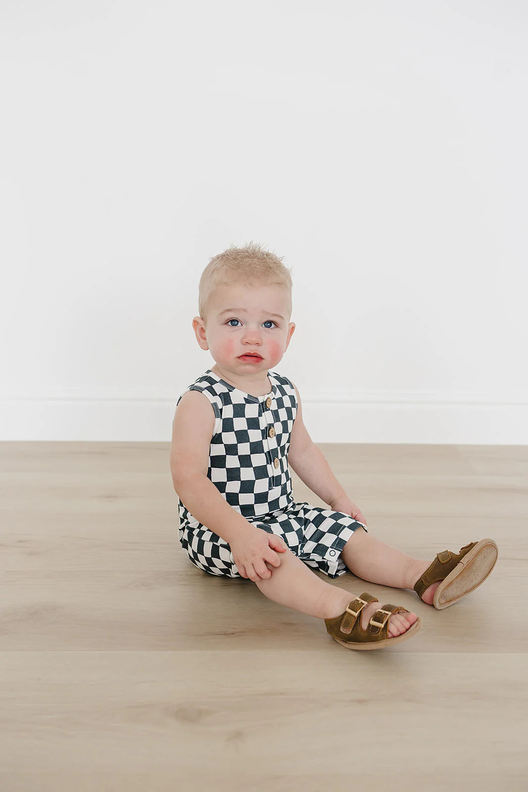 Checkered Short Romper - Charcoal Wave