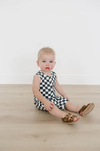 Checkered Short Romper - Charcoal Wave
