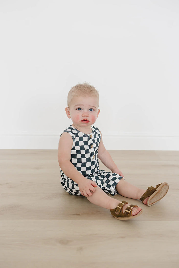 Checkered Short Romper - Charcoal Wave