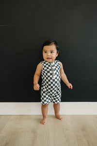 Checkered Short Romper - Charcoal Wave