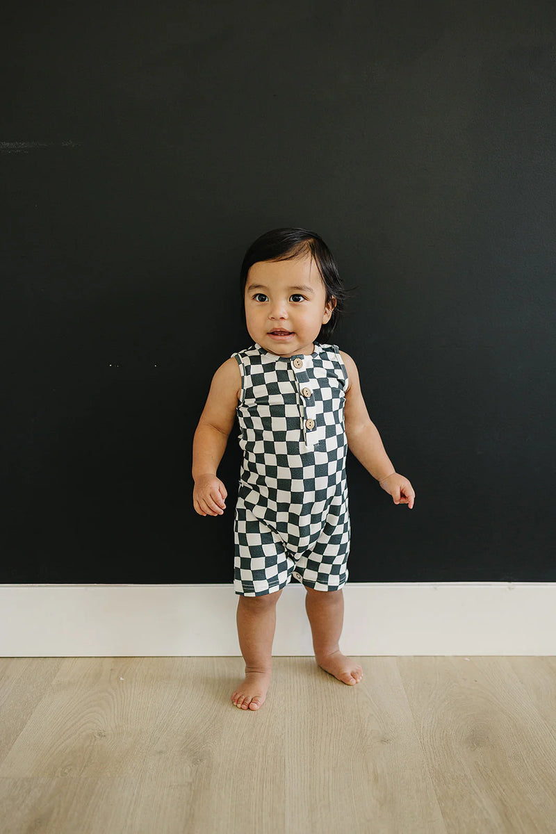 Checkered Short Romper - Charcoal Wave