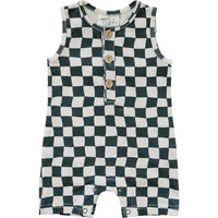 Checkered Short Romper - Charcoal Wave