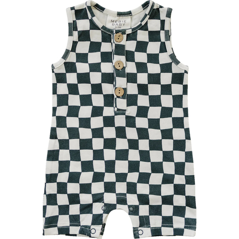 Checkered Short Romper - Charcoal Wave