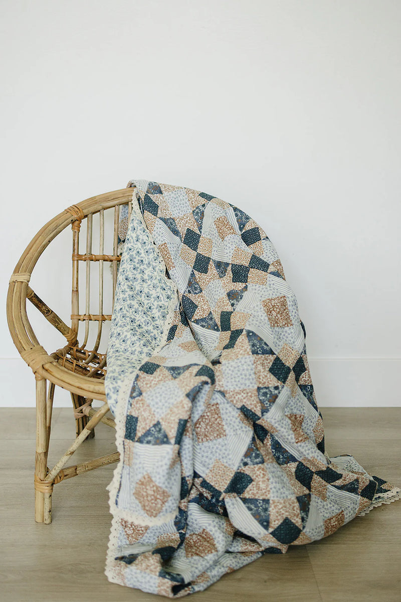 Mebie Baby Patchwork Print + Blue Blossom Lace Muslin Quilt