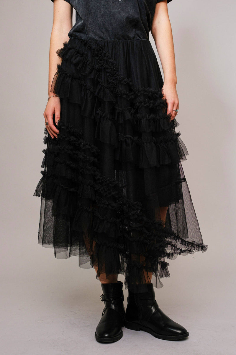 Tulle Ruffle Maxi Skirt - Black
