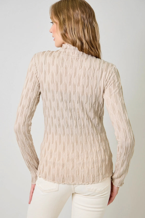 Criss Cross Floral Lettuce Edge Textured Knit Top-Almond