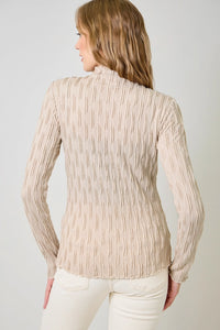 Criss Cross Floral Lettuce Edge Textured Knit Top-Almond