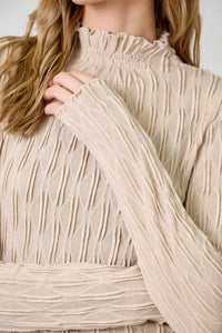 Criss Cross Floral Lettuce Edge Textured Knit Top-Almond