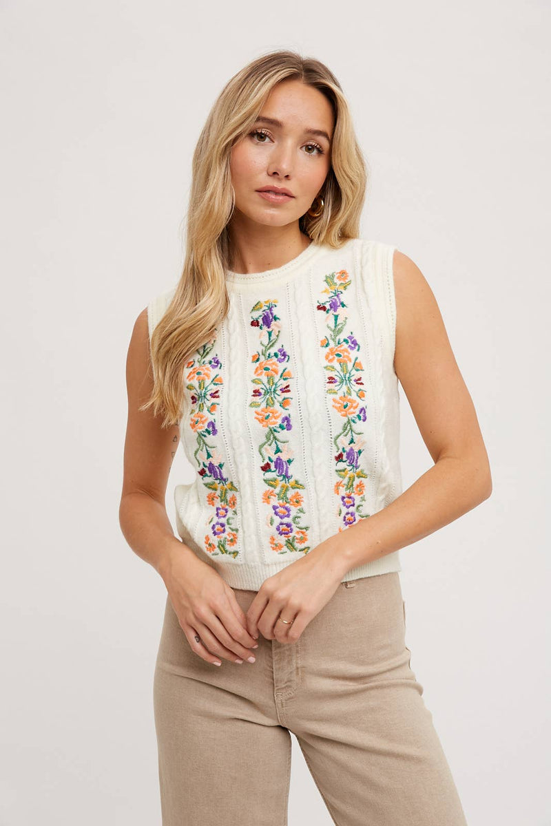 Embroidered Sleeveless Knit Tank
