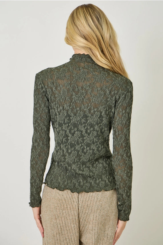 Floral Lettuce Edge Textured Knit Top - Deep Green