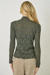 Floral Lettuce Edge Textured Knit Top - Deep Green