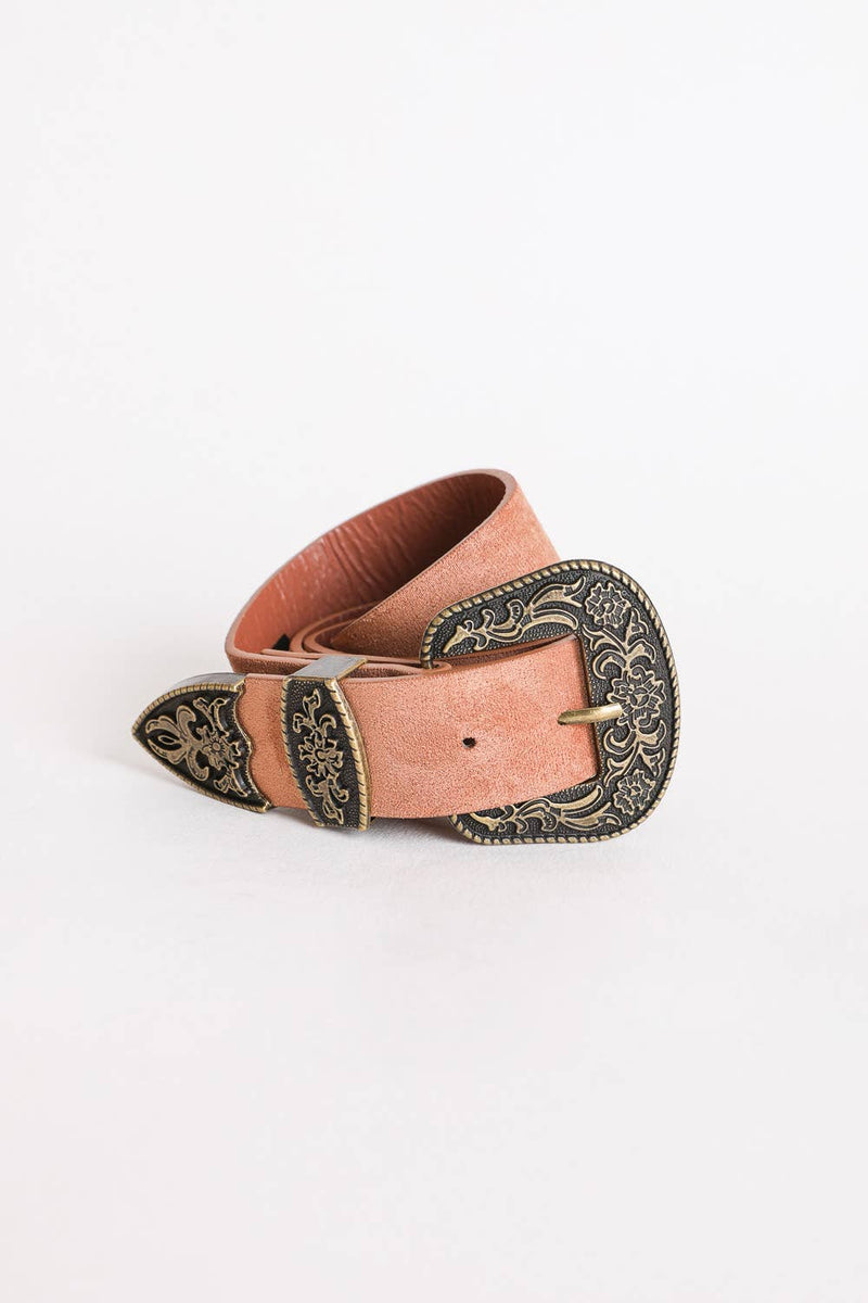 Suede Antique Gold Western Buckle Belt: Brown