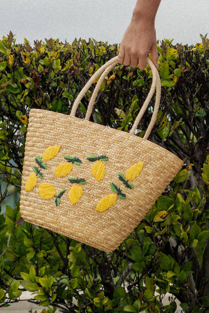 Lemon Embroidered Straw Tote