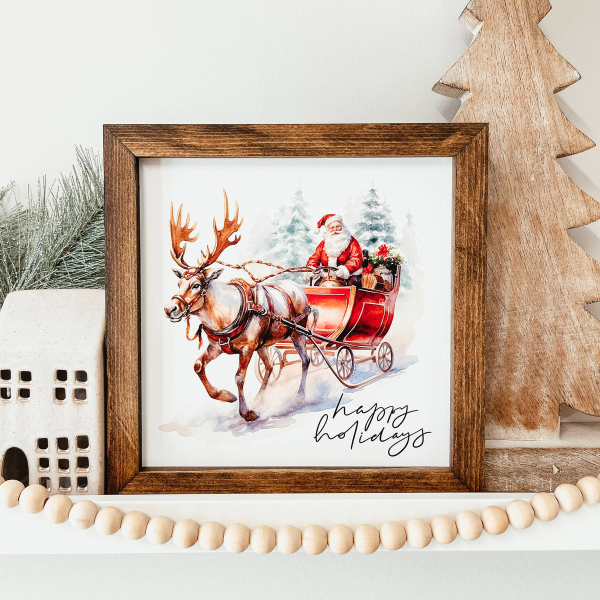 Knotty Design Co. - Happy Holidays Santa And Reindeer Framed Christmas Sign