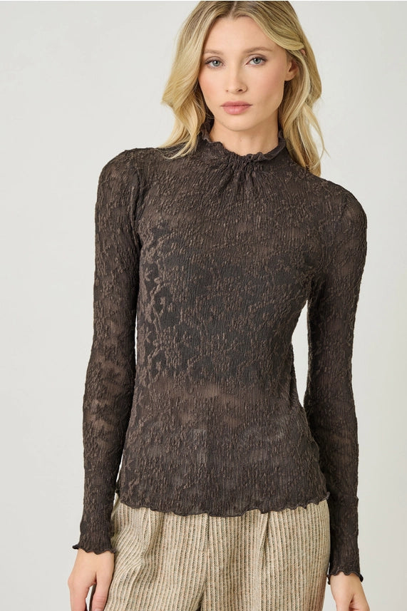 Lettuce Edge Textured knit top-BLACK/DARK BROWN