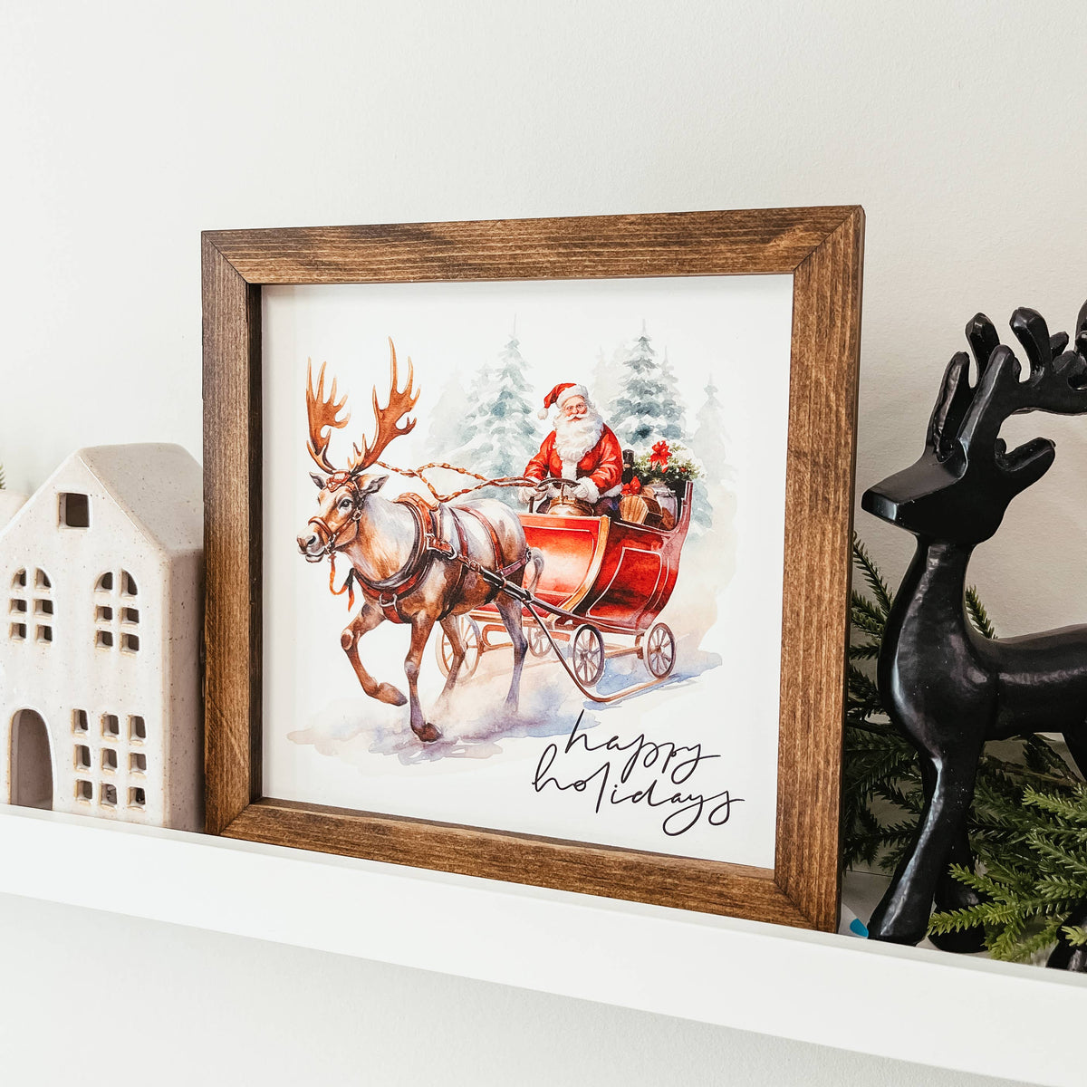 Knotty Design Co. - Happy Holidays Santa And Reindeer Framed Christmas Sign