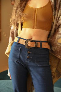 Suede Antique Gold Western Buckle Belt: Brown