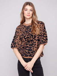 Balloon Elbow Sleeve Knit Sweater - Leopard