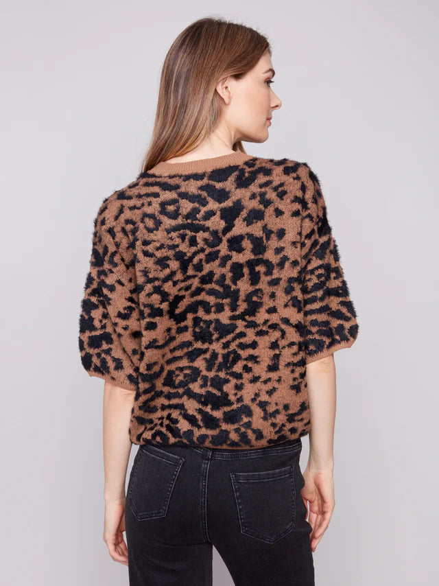 Balloon Elbow Sleeve Knit Sweater - Leopard