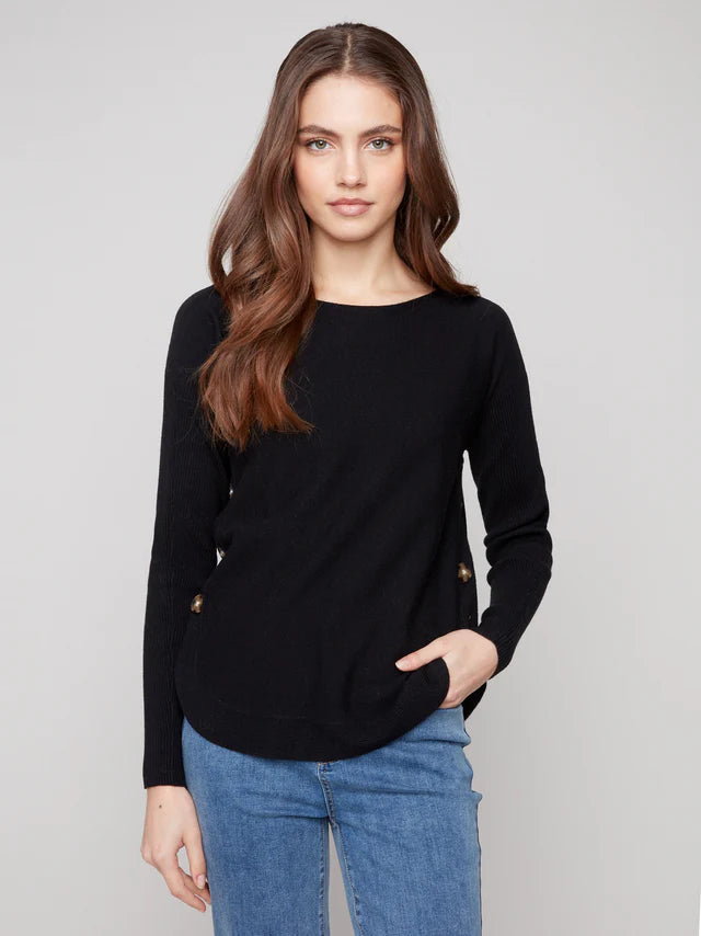 Boat Neck Sweater With Side Buttons - Black