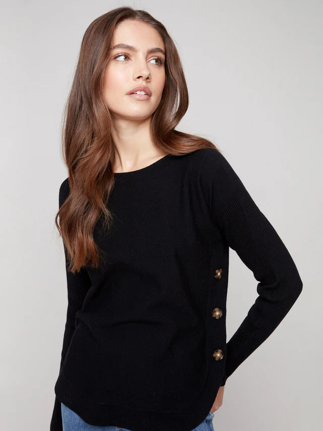 Boat Neck Sweater With Side Buttons - Black