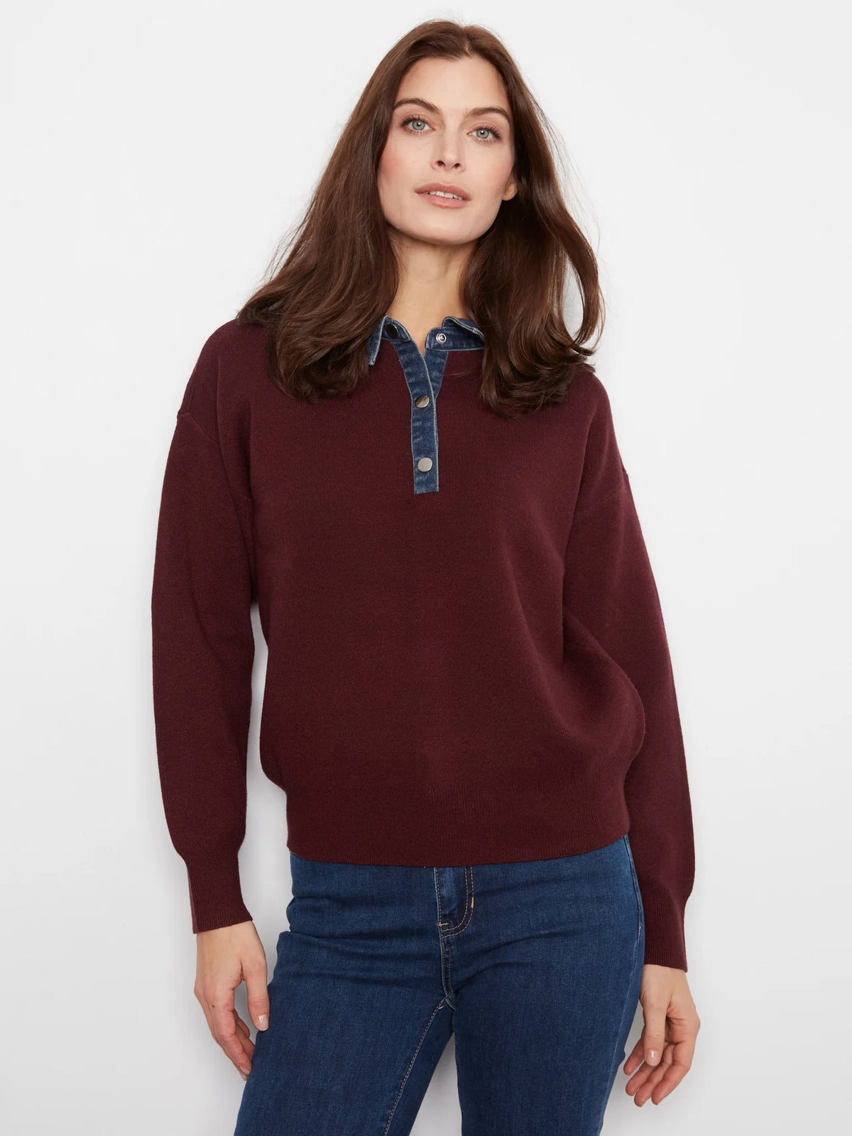 Charlie B Denim Trim Polo Sweater - Merlot
